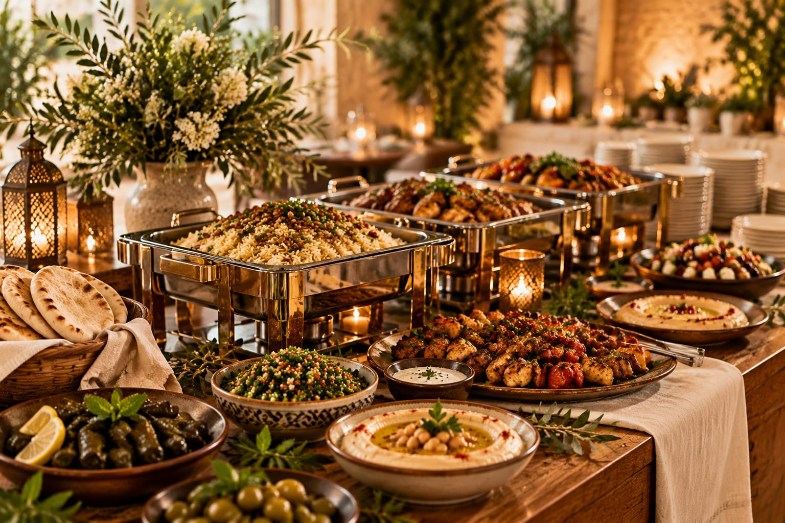 Mediterranean buffet catering spread with rice pilaf, grilled chicken skewers, hummus, tabbouleh, grape leaves, and pita bread on a rustic wooden table
