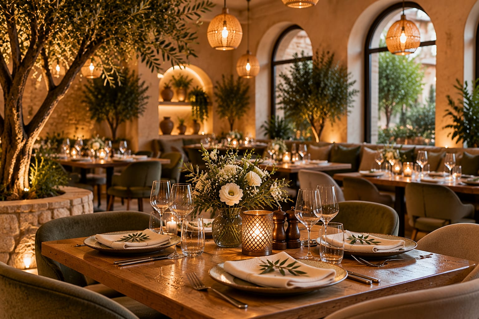 Rustic Mediterranean restaurant interior with warm lighting, woven pendant lamps, indoor olive trees, and elegant table settings