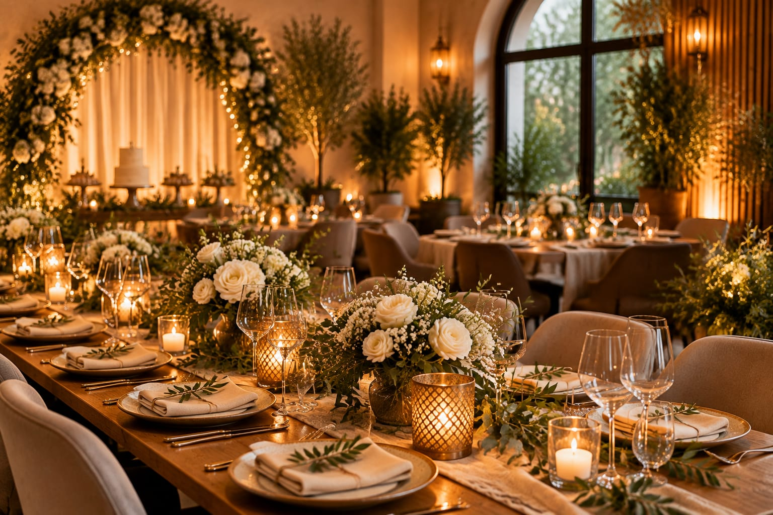 Warmly lit indoor wedding reception venue featuring lush white flower floral arrangements, candlelit banquet tables, and a floral arch background