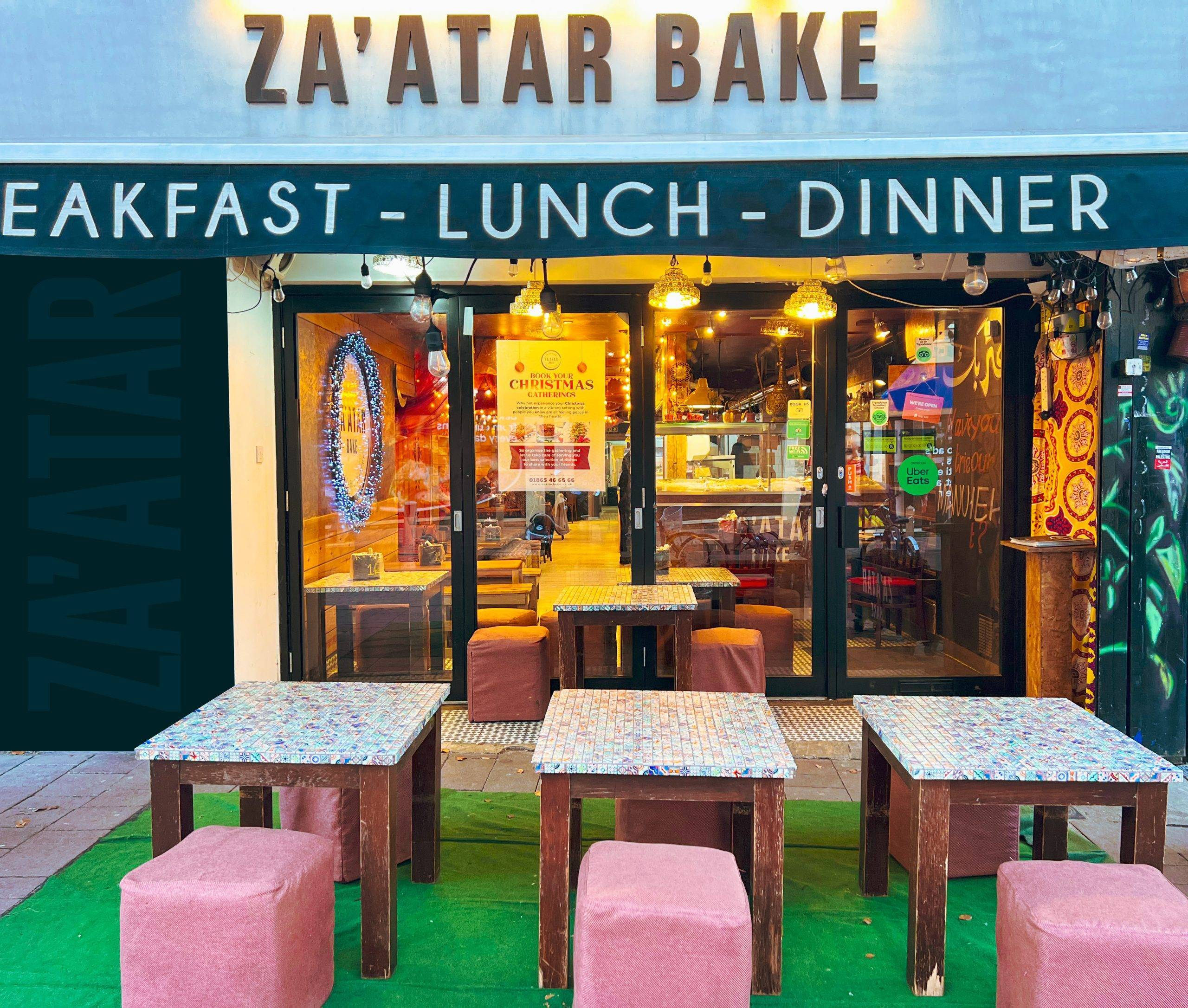 Za'atar Bake storefront with outdoor seating area for breakfast, lunch, and dinner